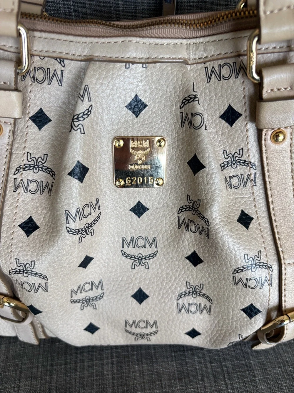MCM Beige Logo Tote Bag - Classic Printed Leather